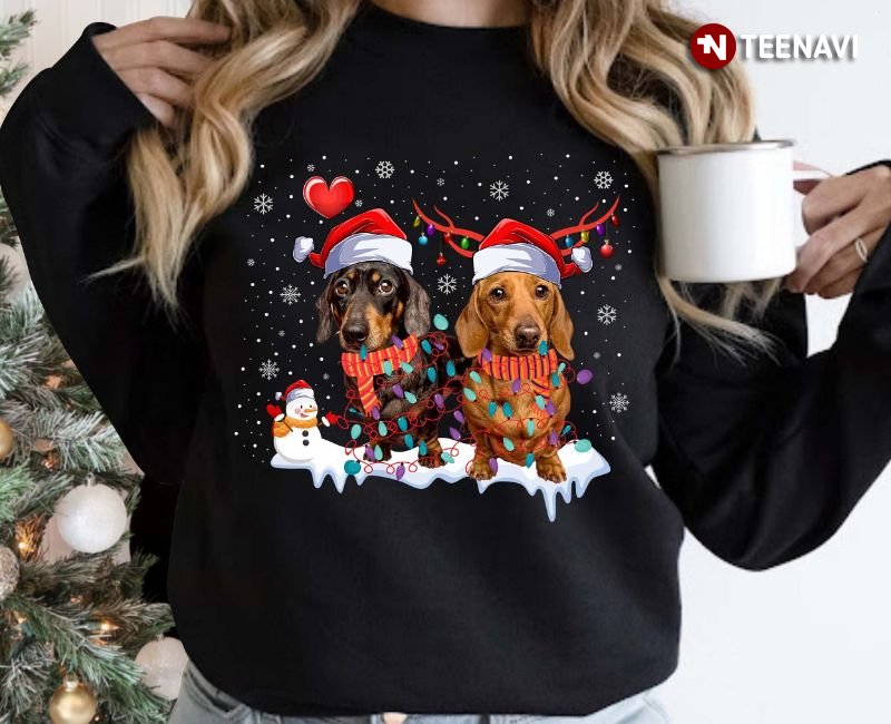 Dachshund Christmas Sweatshirt, Dachshunds With Santa Hats And Fairy Lights