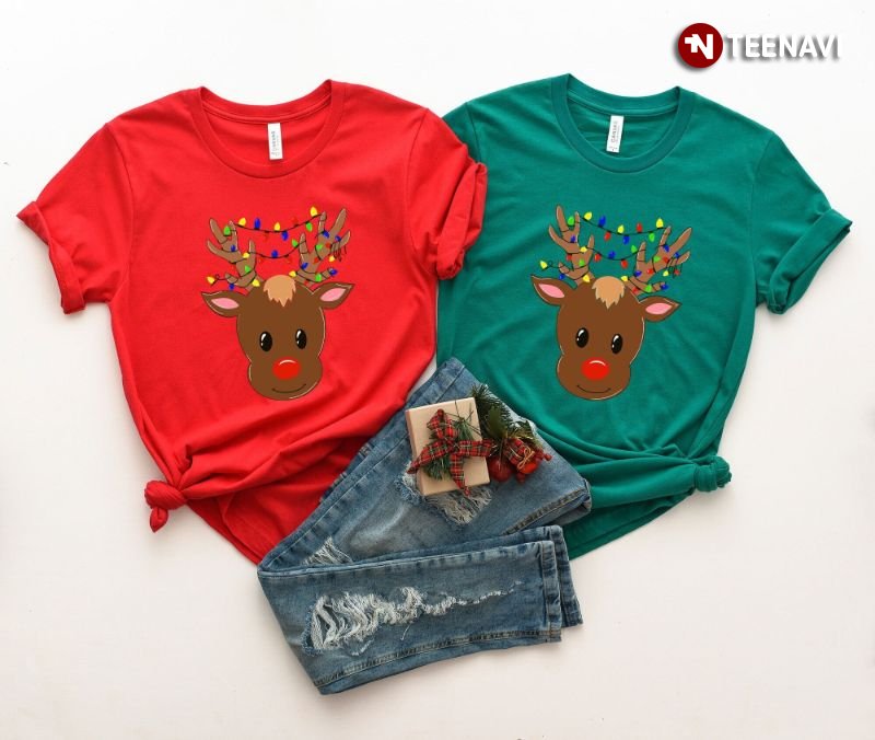 Family Matching Christmas Shirt, Reindeer With Fairy Lights