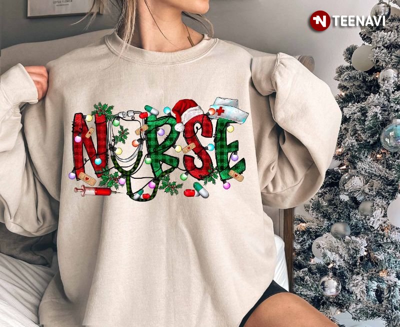 Christmas Gift for Nurse Sweatshirt, Nurse With Santa Hat And Xmas Lights