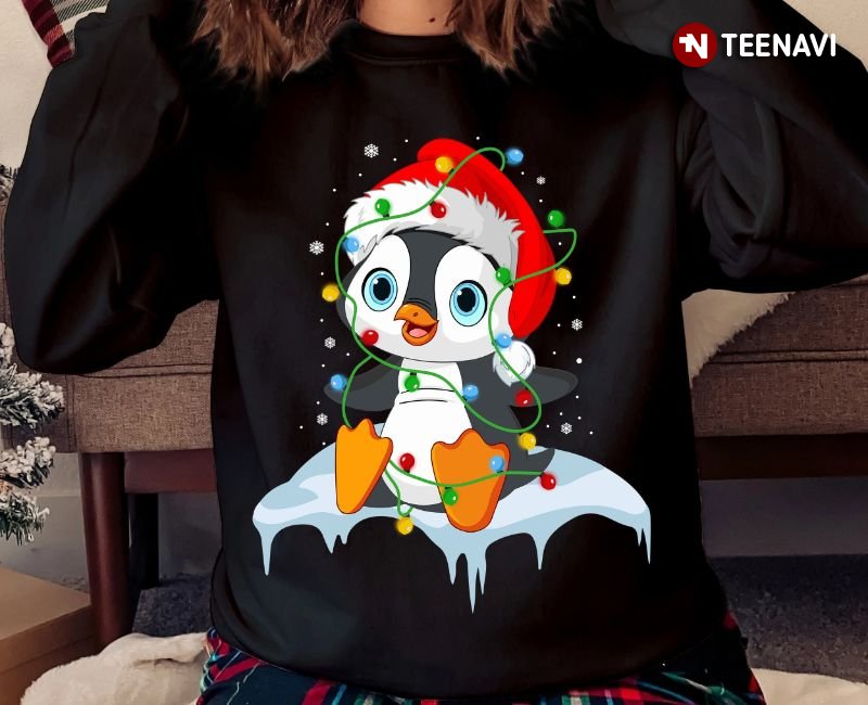 Christmas Penguin Sweatshirt, Cute Penguin With Santa Hat And Xmas Lights