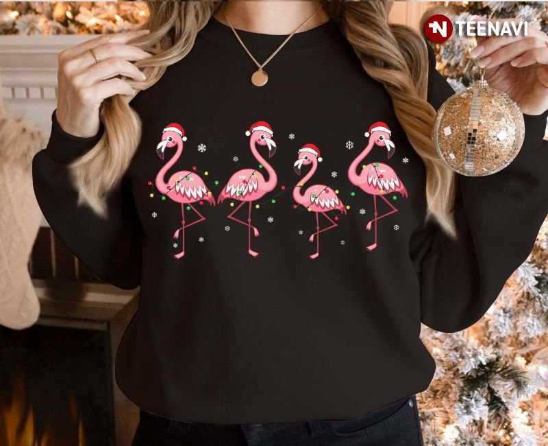 Christmas Flamingo Lights Sweatshirt, Lovely Flamingos With Santa Hats