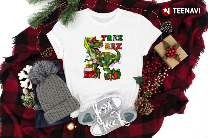 Christmas Dinosaur Shirt, Tree Rex Funny Dinosaur With Elf Hat