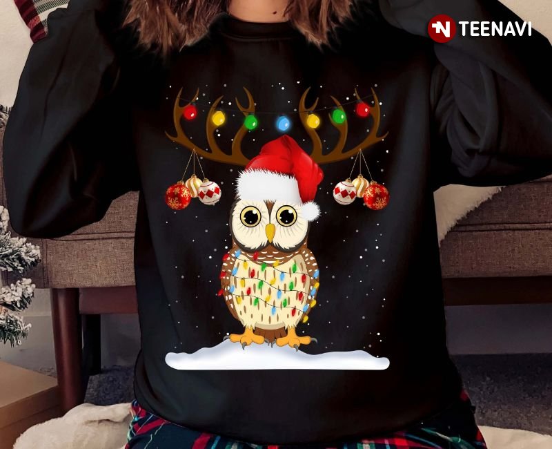 Owl Christmas Sweatshirt, Santa Owl With Xmas Lights