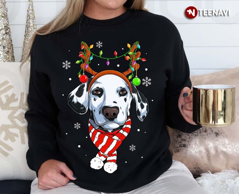 Dalmatian Christmas Sweatshirt, Dalmatian With Reindeer Horns And Xmas Lights