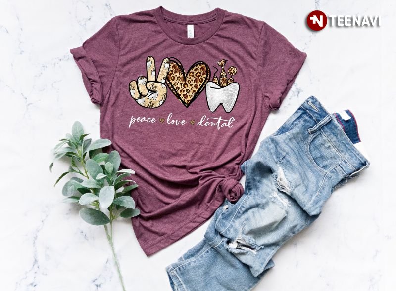 Dentist Gift Shirt, Peace Love Dental Leopard