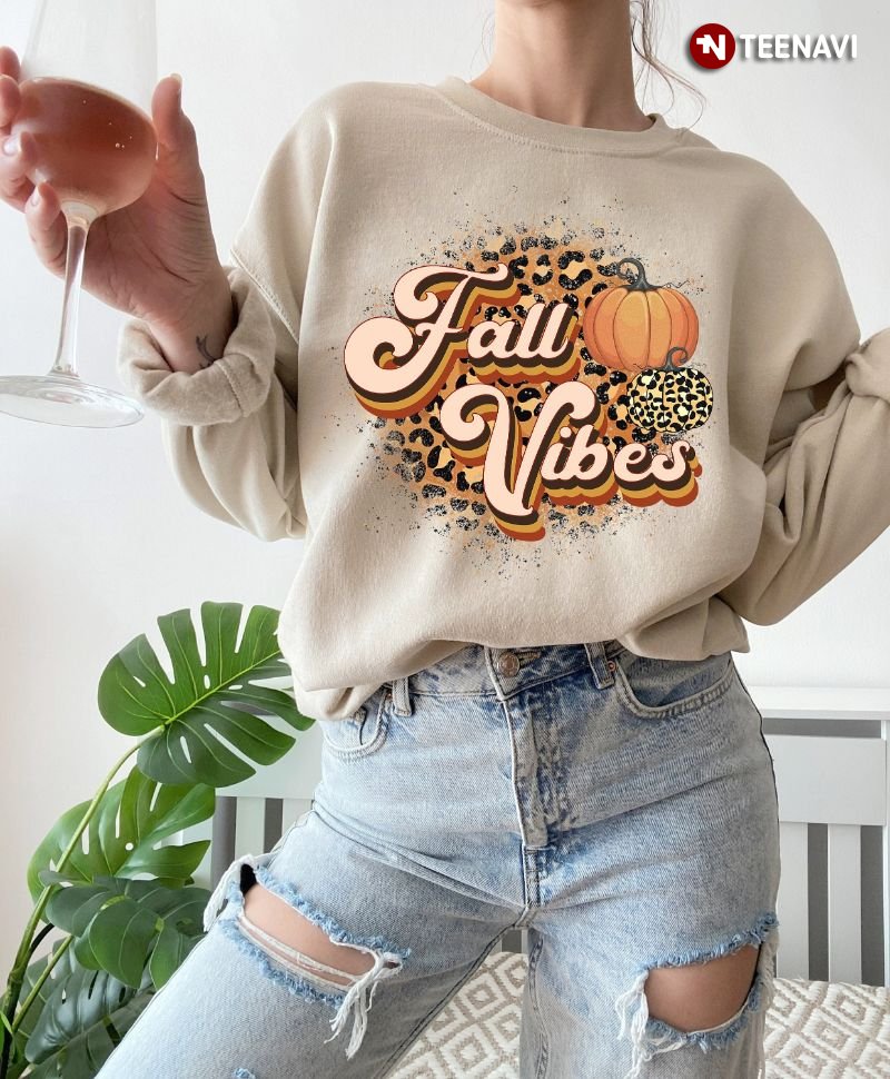 Retro Fall Sweatshirt, Fall Vibes Pumpkin Leopard