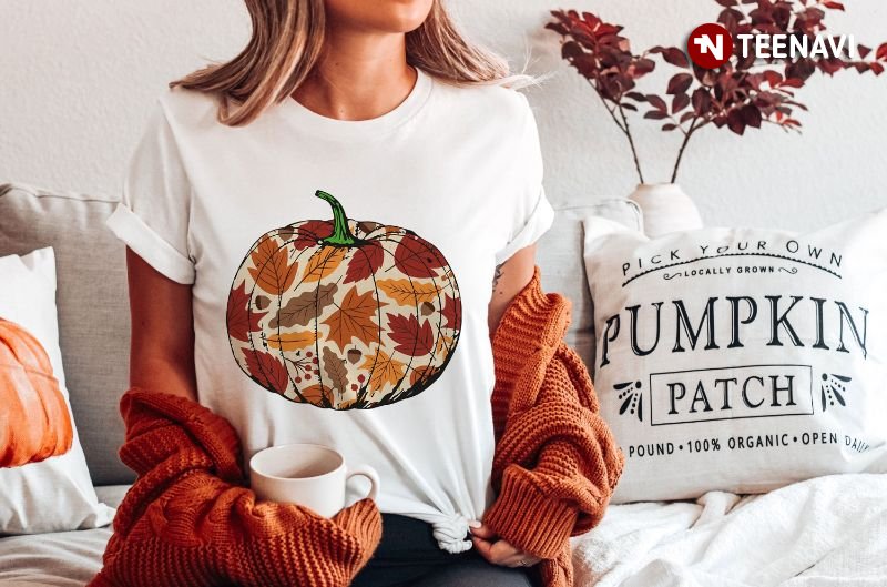 Fall Season Shirt, Pumpkin With Fall Leaves