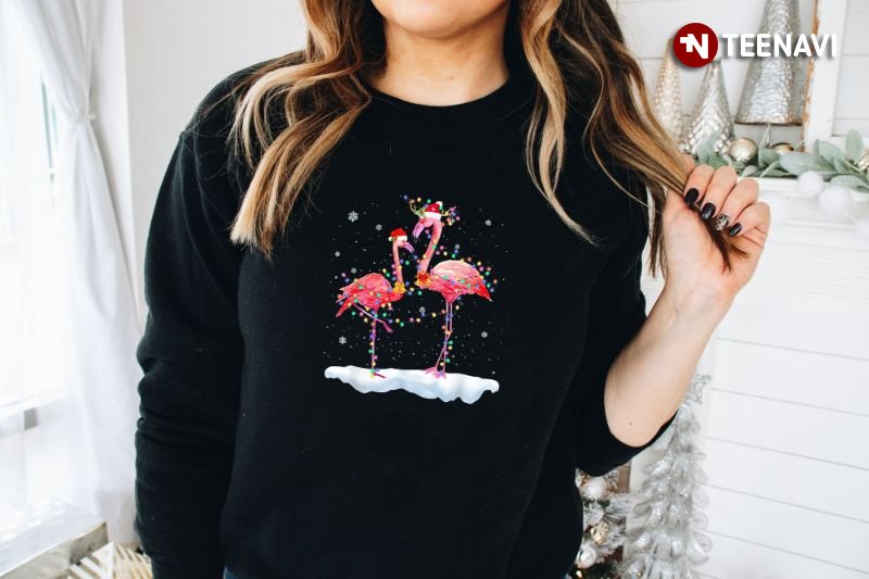 Santa Flamingo Sweatshirt, Flamingos With Santa Hats And Xmas Lights