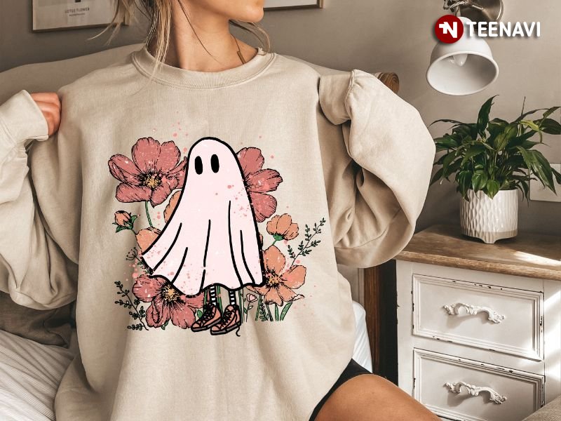 Adorable Ghost Sweatshirt, Ghost In Flowers