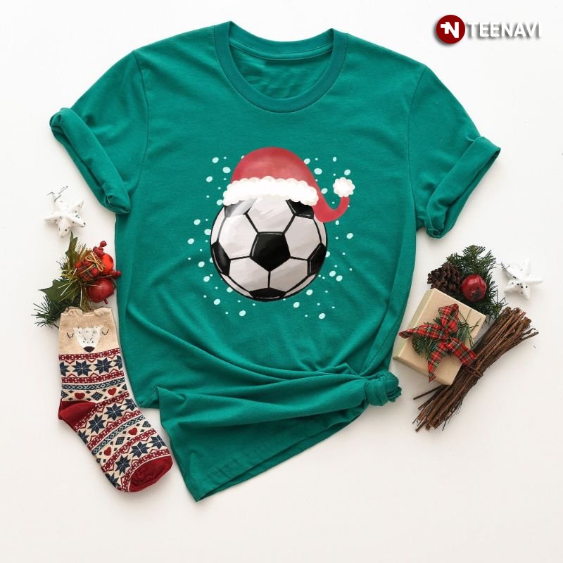 Soccer Christmas Shirt, Soccer Ball With Santa Hat