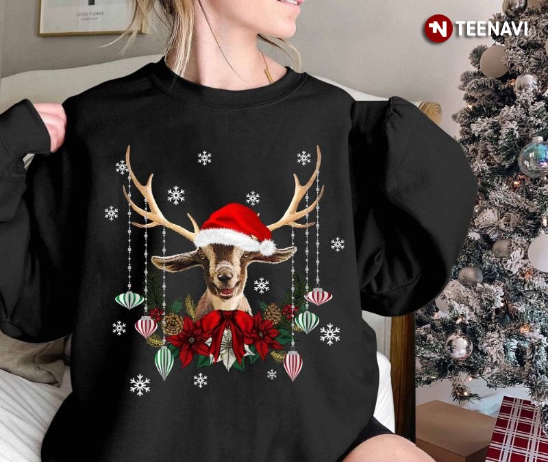 Goat Christmas Sweatshirt, Funny Goat With Santa Hat