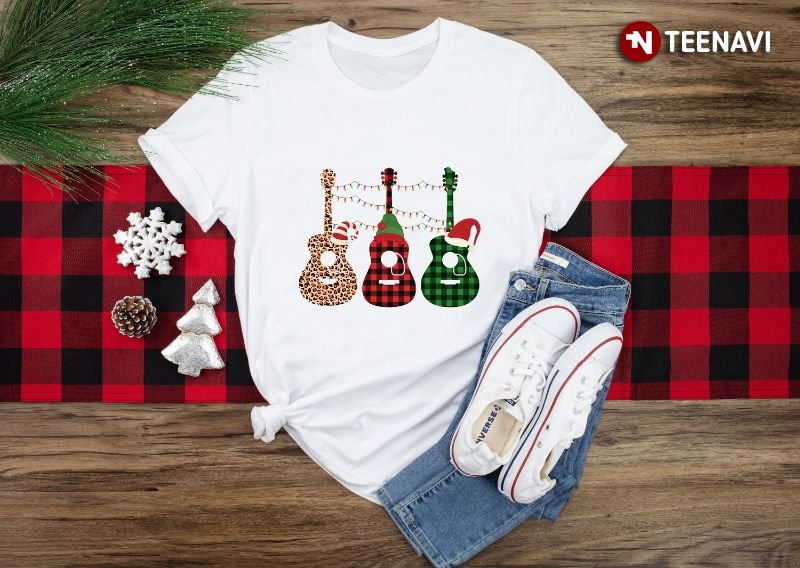 Christmas Guitar Shirt, Guitars With Xmas Lights Leopard