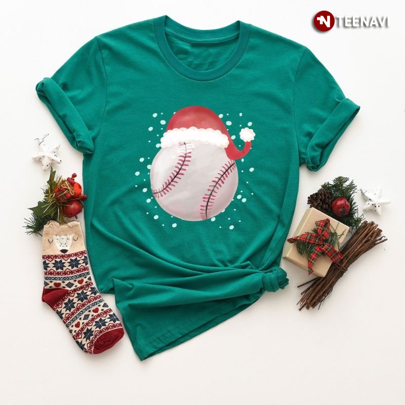 Baseball Christmas Shirt, Baseball Ball With Santa Hat