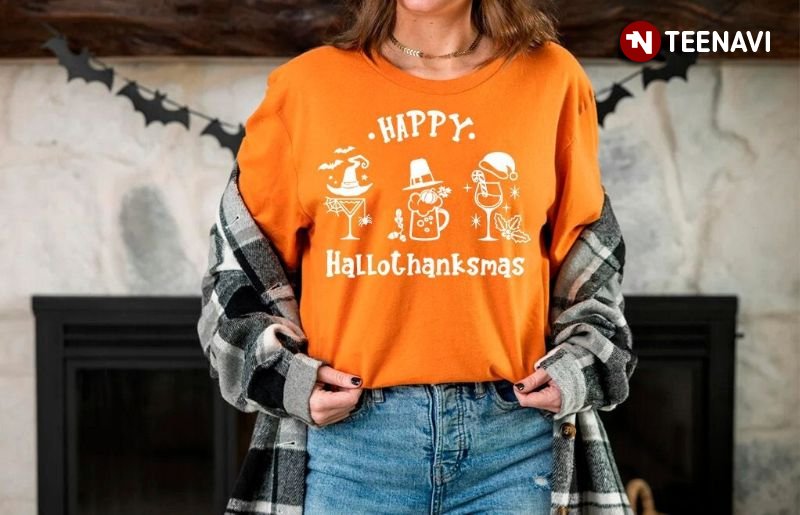 Halloween Thanksgiving Christmas Shirt, Happy Hallothanksmas