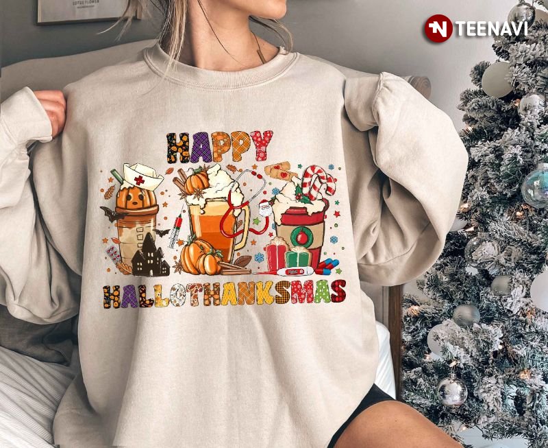 Nurse Halloween Thanksgiving Christmas Sweatshirt, Happy Hallothanksmas