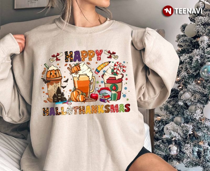 Happy Hallothanksmas Teacher Halloween Thanksgiving Christmas T-Shirt