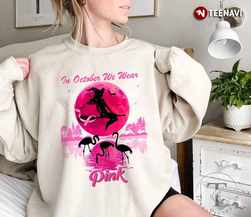 Witch Flamingo Breast Cancer Sweatshirt, In October We Wear Pink
