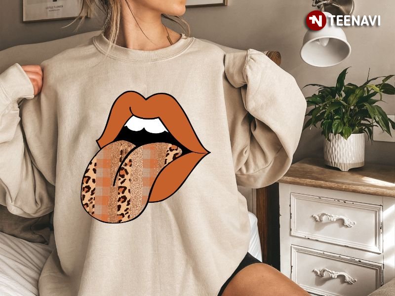 Funny Lips Sweatshirt, Lips With Leopard Tongue