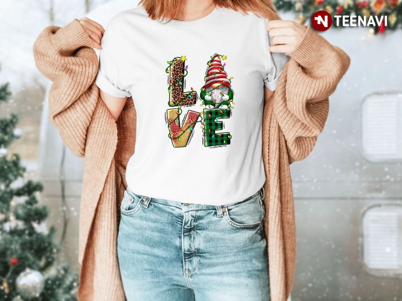 Funny Christmas Shirt, Love Gnome With Xmas Lights Leopard