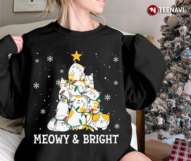 Christmas Cat Sweatshirt, Meowy & Bright