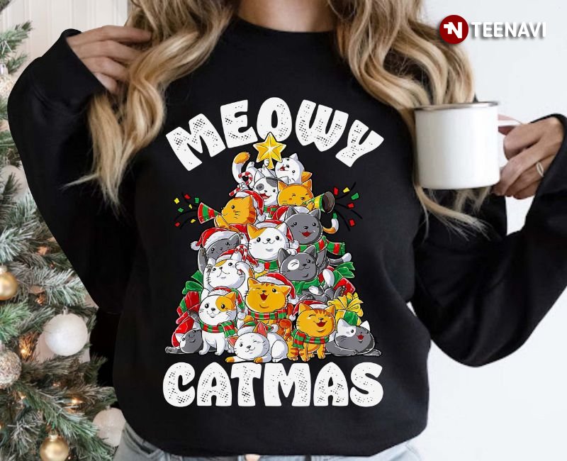 Funny Christmas Cat Sweatshirt, Meowy Catmas