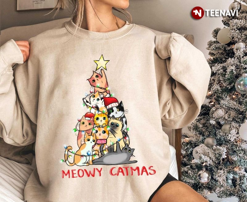 Cute Cat Sweatshirt, Meowy Catmas