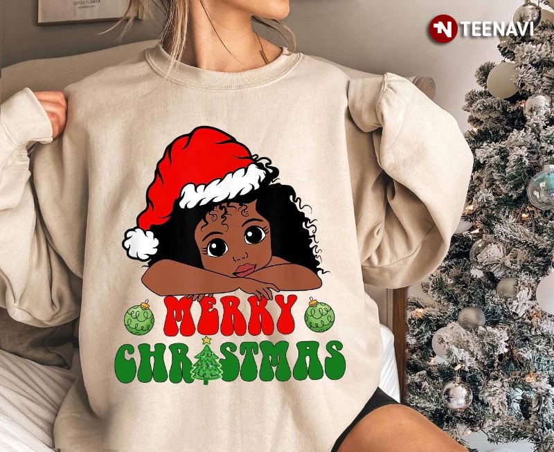 Cute Black Girl Christmas Sweatshirt, Merry Christmas