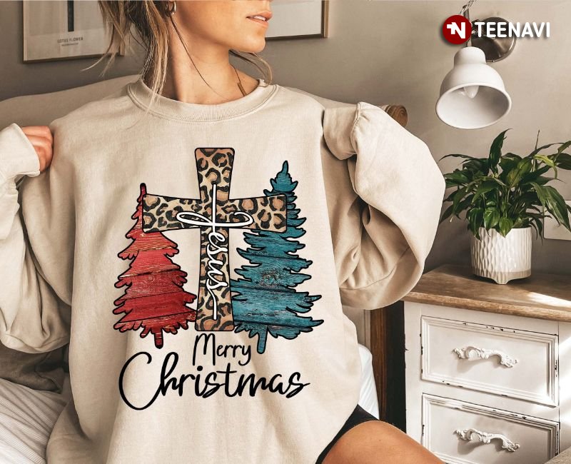 Jesus Cross Christmas Sweatshirt, Merry Christmas Leopard