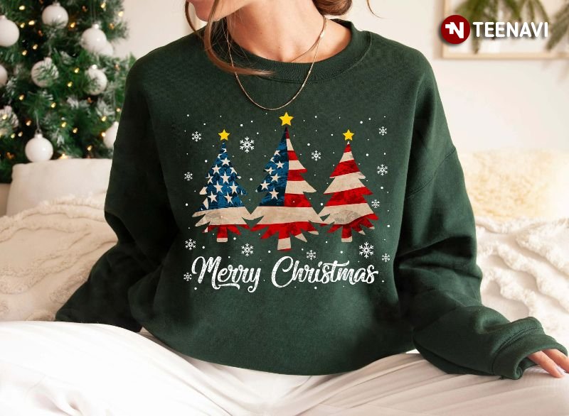USA Flag Xmas Tree Sweatshirt, Merry Christmas