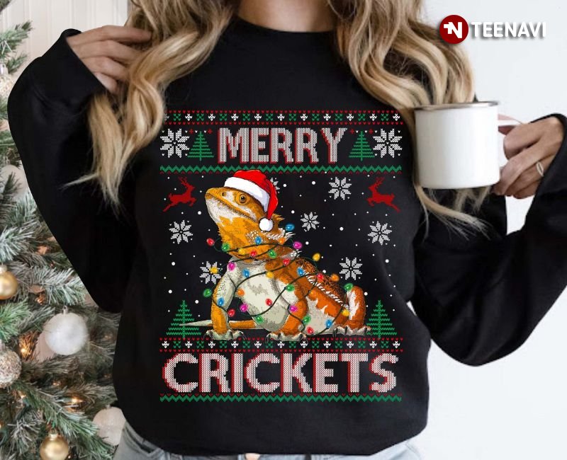 Bearded Dragon Ugly Christmas Sweatshirt, Merry Crickets
