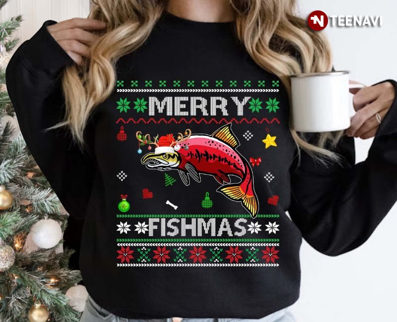 Fishing Ugly Christmas Sweatshirt, Merry Fishmas