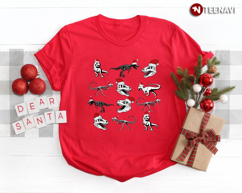 T-Rex Christmas Shirt, Dinosaurs With Santa Hats