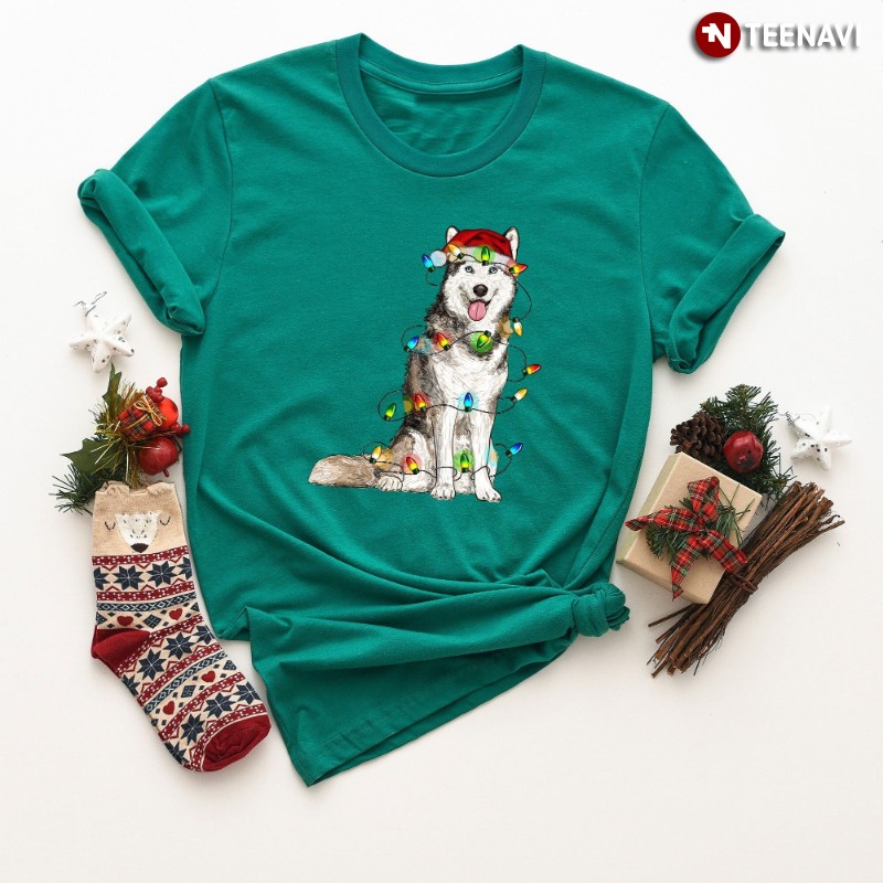 Siberian Husky Christmas Shirt, Husky With Santa Hat And Xmas Lights