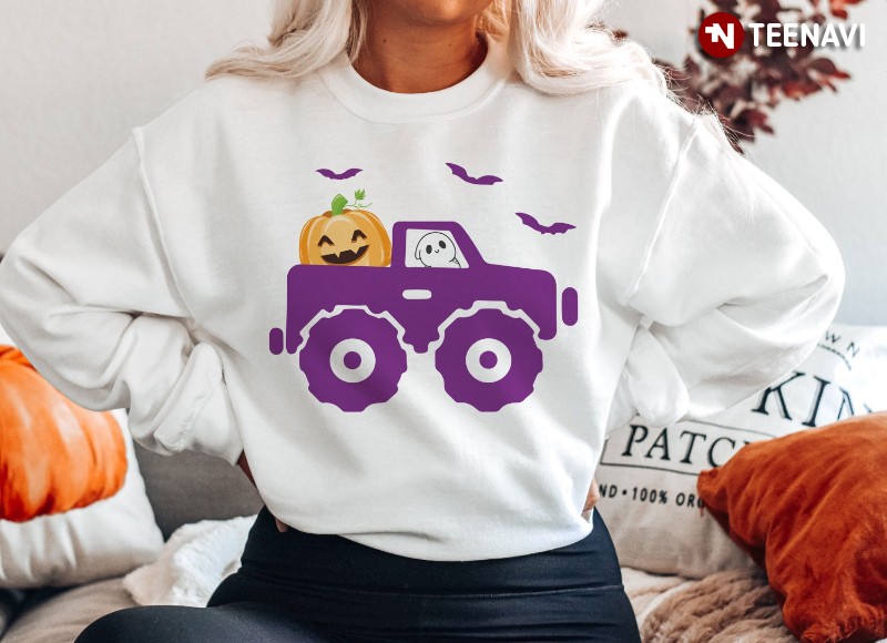 Funny Halloween Sweatshirt, Ghost And Jack-o'-lantern On Car