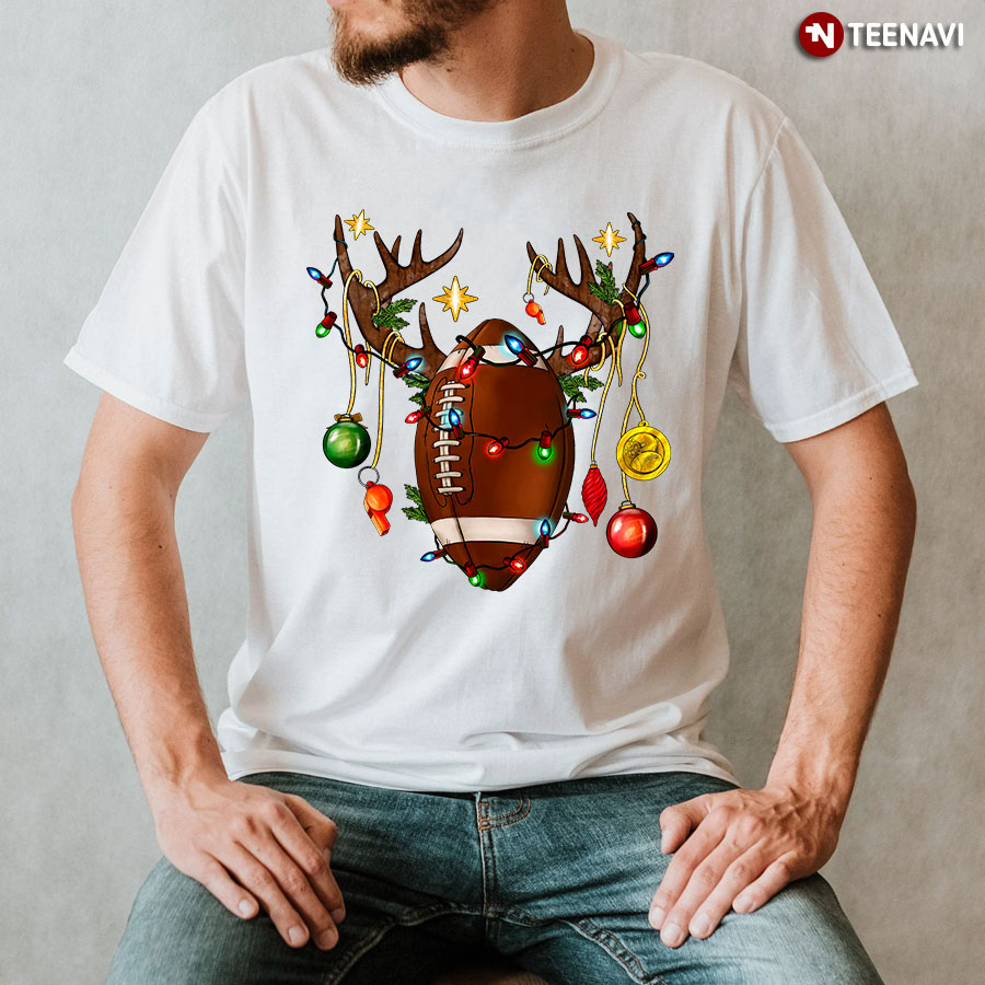 Football Ball With Reindeer Horns American Football Christmas T-Shirt