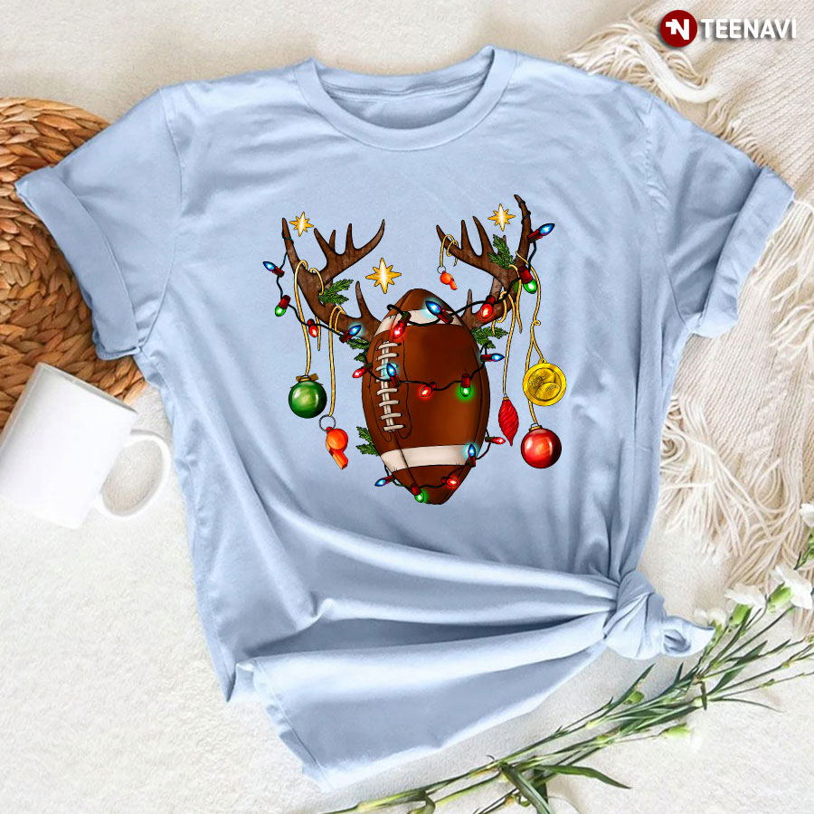 Football Ball With Reindeer Horns American Football Christmas T-Shirt