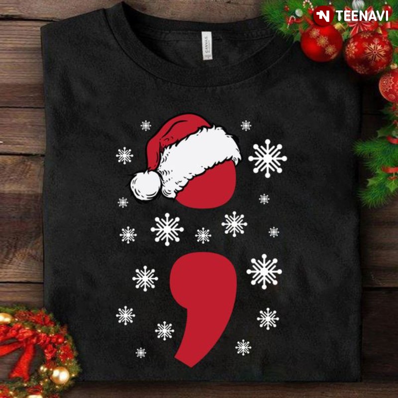 Suicide Prevention Awareness Christmas Shirt, Semicolon With Santa Hat