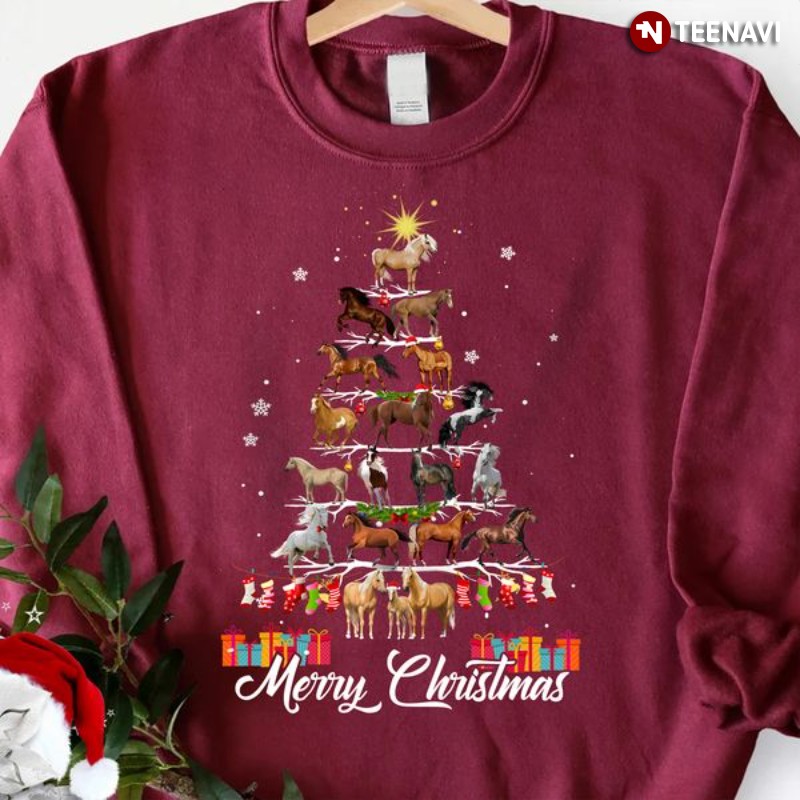 Funny Horse Christmas Sweatshirt, Merry Christmas Horse Xmas Tree