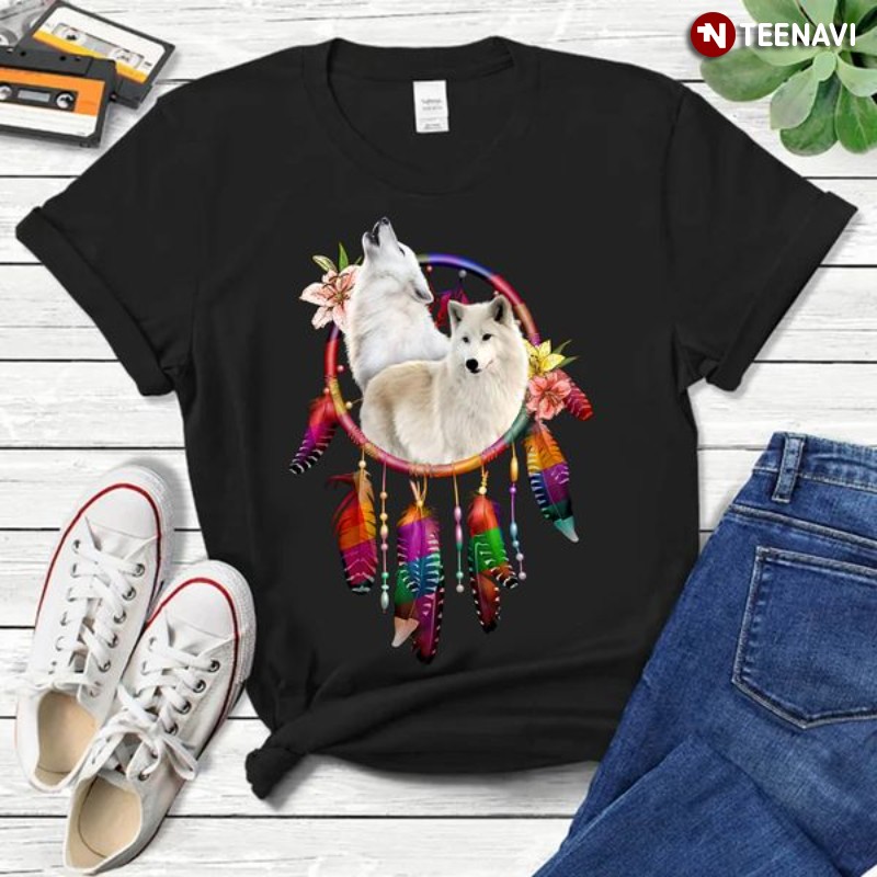 Wolf Lover Shirt, White Wolves With Dreamcatcher