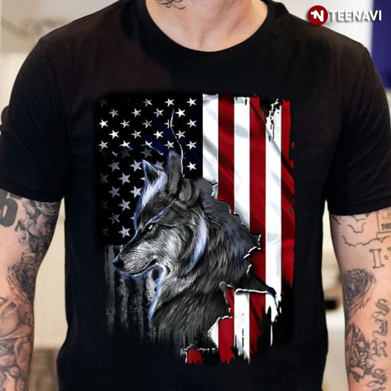 Cool Wolf Shirt, Wolf American Flag
