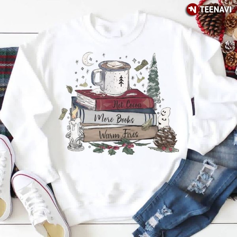 Book Lover Christmas Sweatshirt, Hot Cocoa More Books Warm Fires