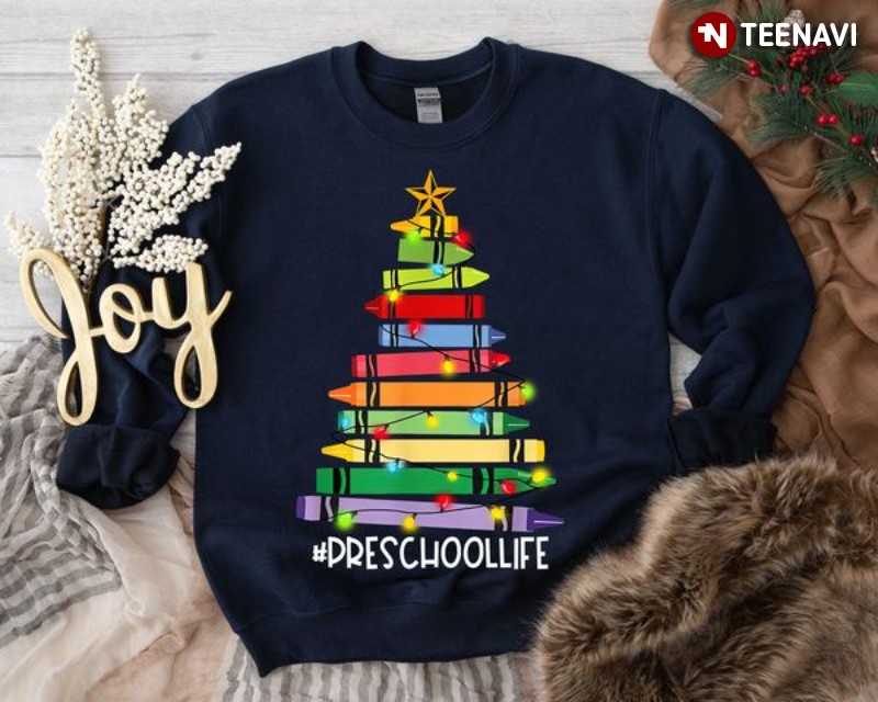Pre School Christmas Sweatshirt, Pre School Life Crayons Xmas Tree