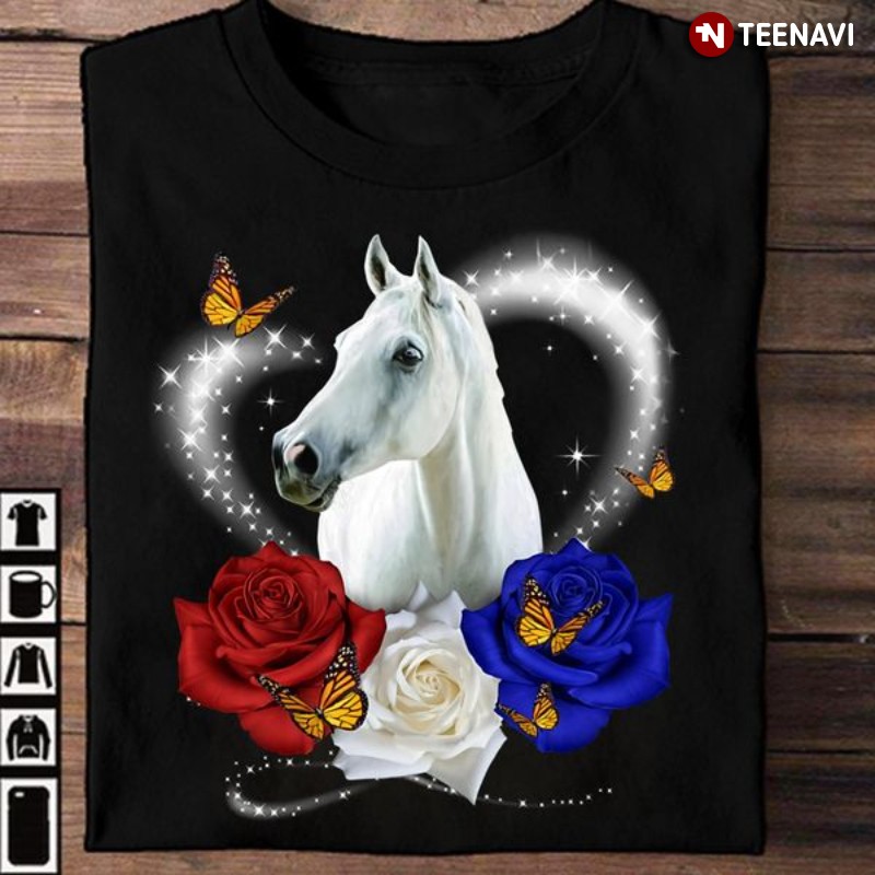 White Horse Shirt, White Horse With Butterflies And Roses