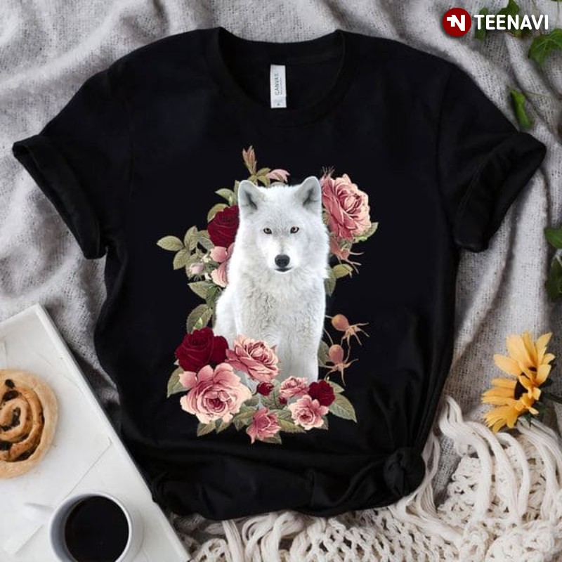 White Wolf Shirt, Cute Wolf With Flowers