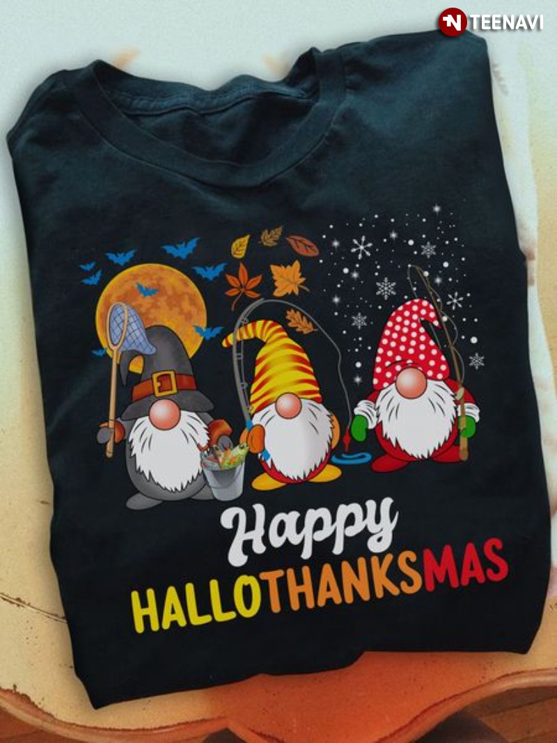Fishing Gnome Halloween Thanksgiving Christmas Shirt, Happy Hallothanksmas