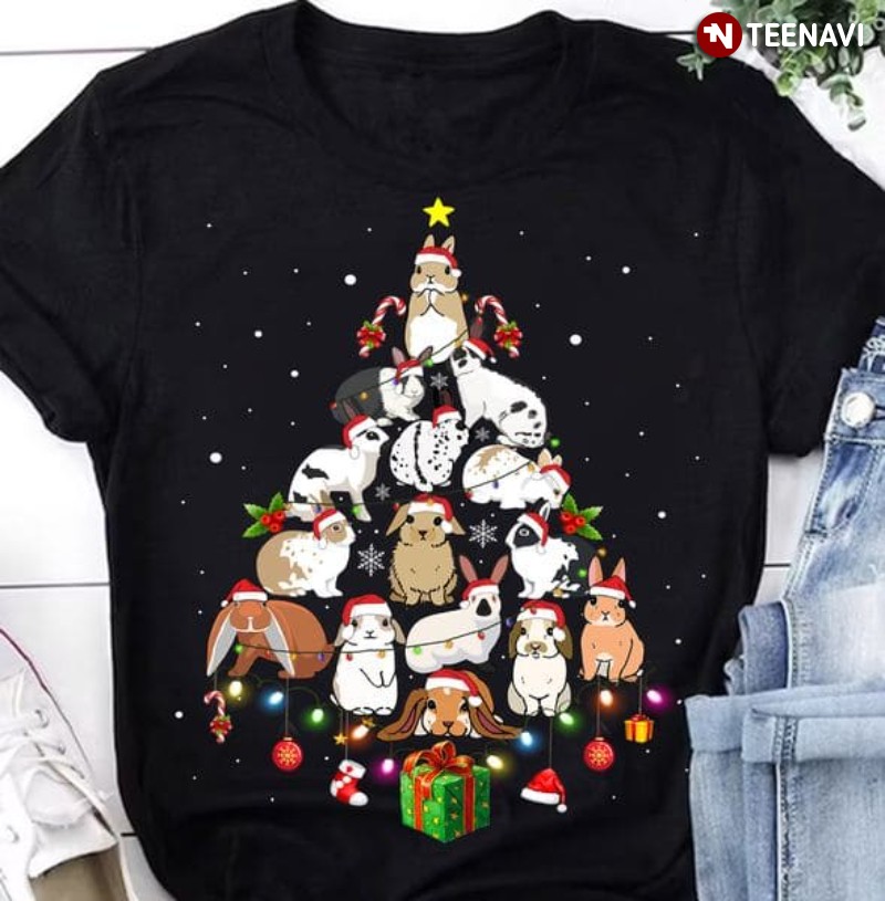 Rabbit Christmas Tree Shirt, Cute Santa Rabbits