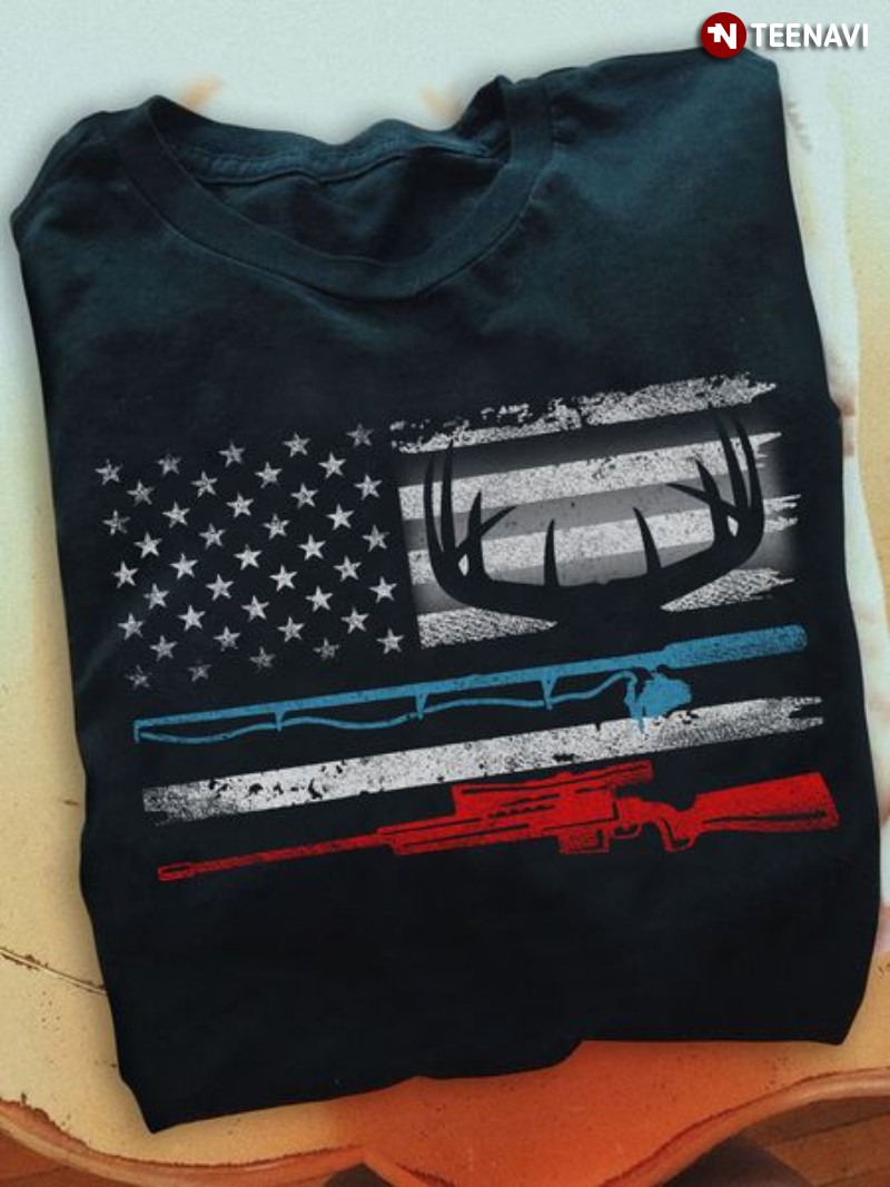 Hunting Fishing Shirt, Deer Fishing Rod Gun American Flag