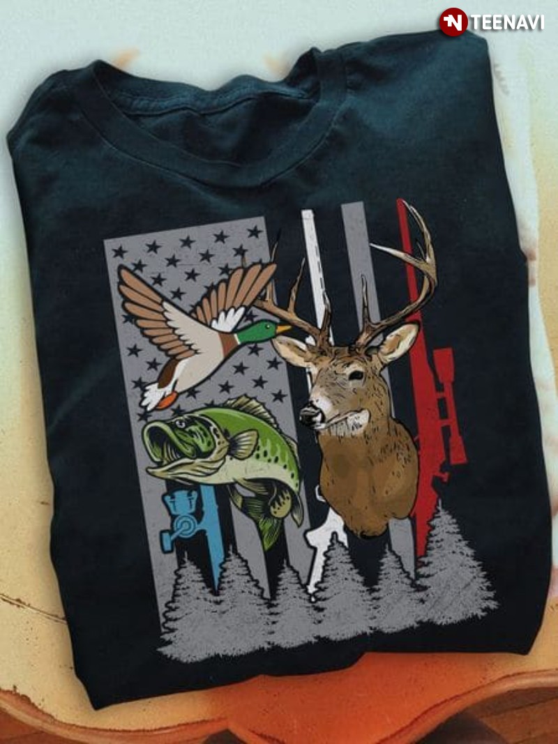 Funny Christmas Hunting And Fishing Lover Shirt, Fishing & Hunting American Flag