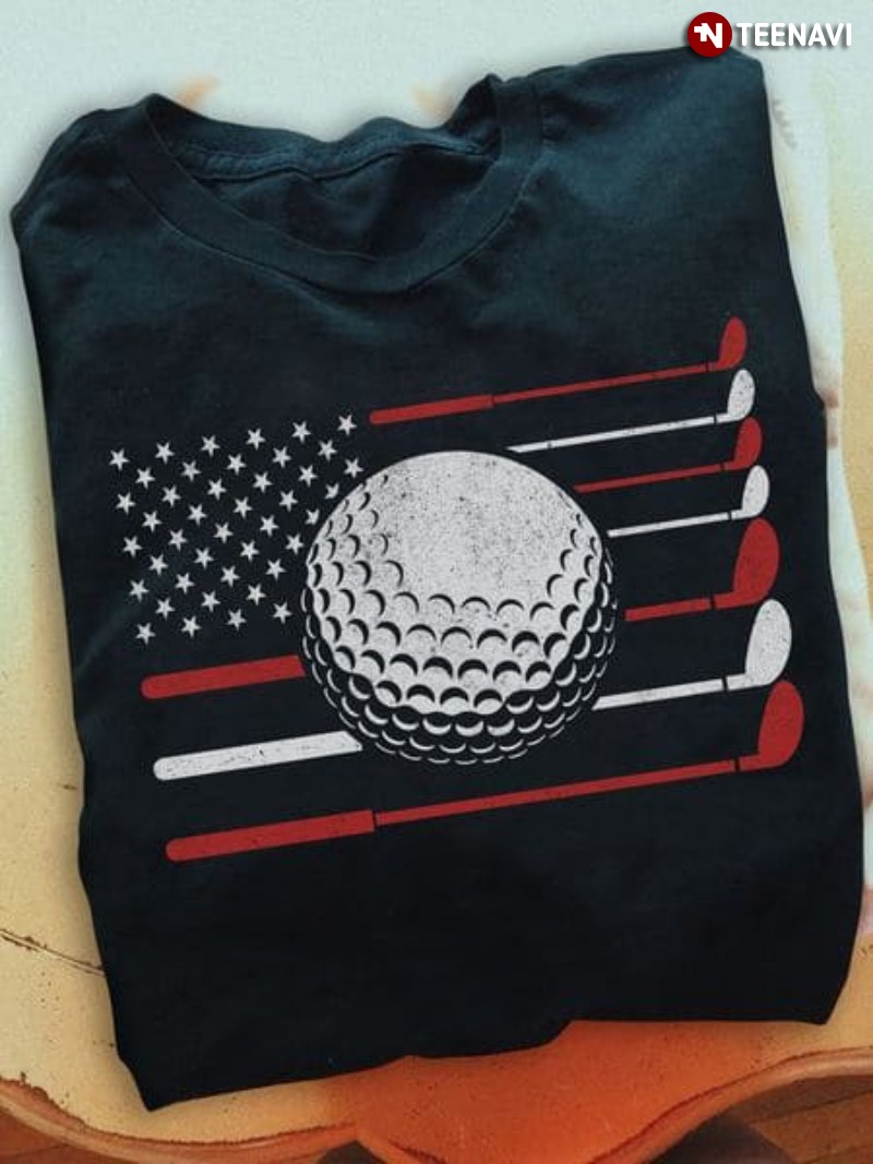 Golf American Flag Shirt, Golf Ball And Golf Clubs