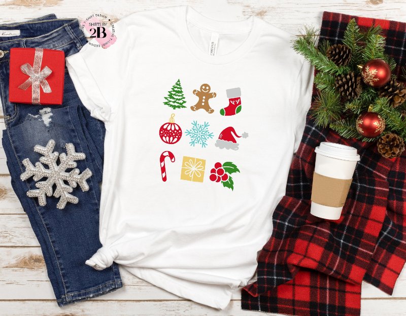 Christmas Holiday Shirt, Xmas Tree Gingerbread Snowflake Candy Cane